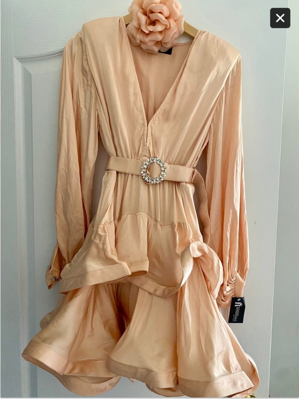 Soft pink V-Neck Long Sleeve Ruffled Mini Dress with Decorative Belt